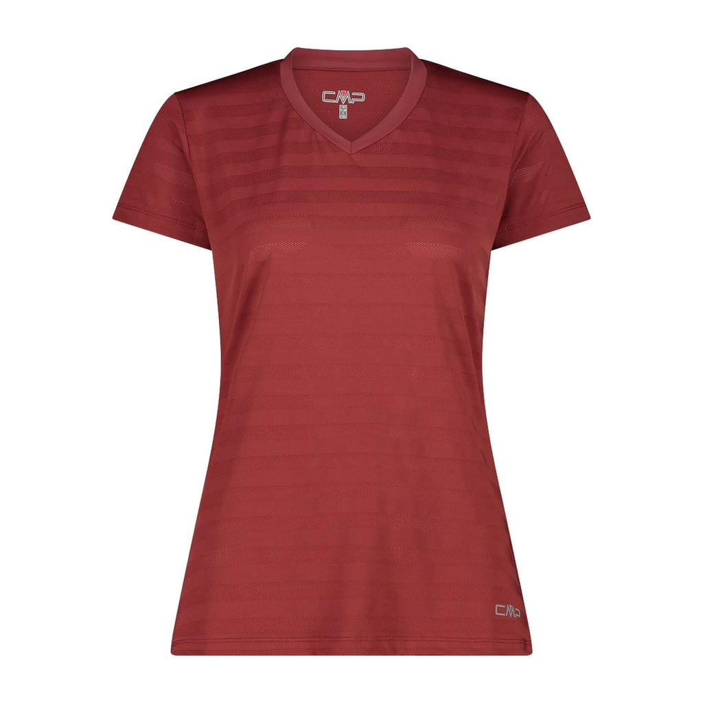 Damen T-Shirt mit Mesh-Einsatz in Granata, Frontansicht mit V-Ausschnitt