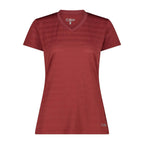 Damen T-Shirt mit Mesh-Einsatz in Granata, Frontansicht mit V-Ausschnitt