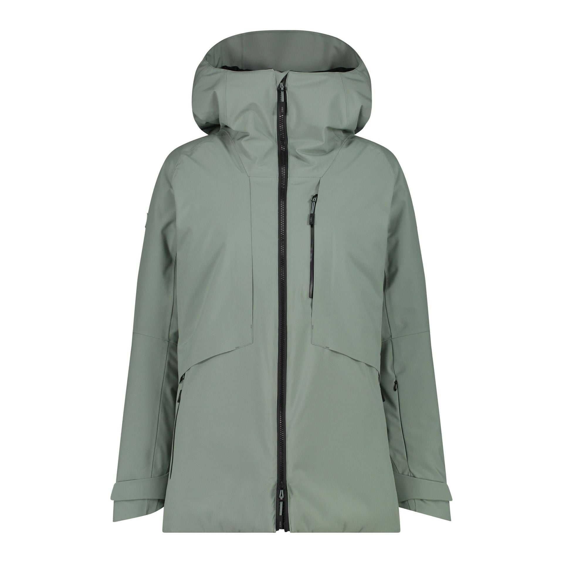 Vorderansicht Damen Skijacke mineral mit fester Kapuze
