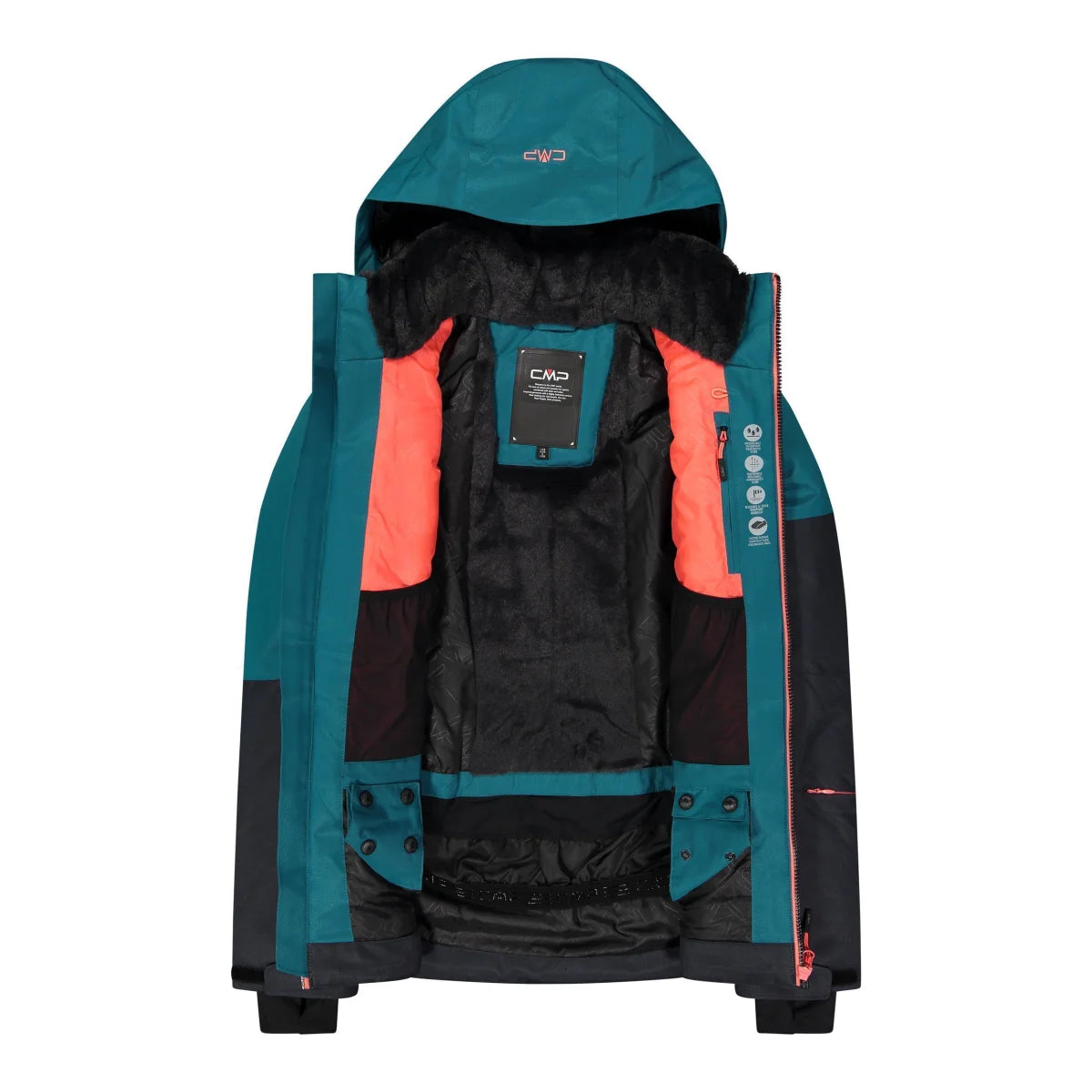Innenansicht CMP Damenjacke Fix Hood – HighLoft®-Futter, Schneefang, Innentaschen & verstellbarer Saum sichtbar