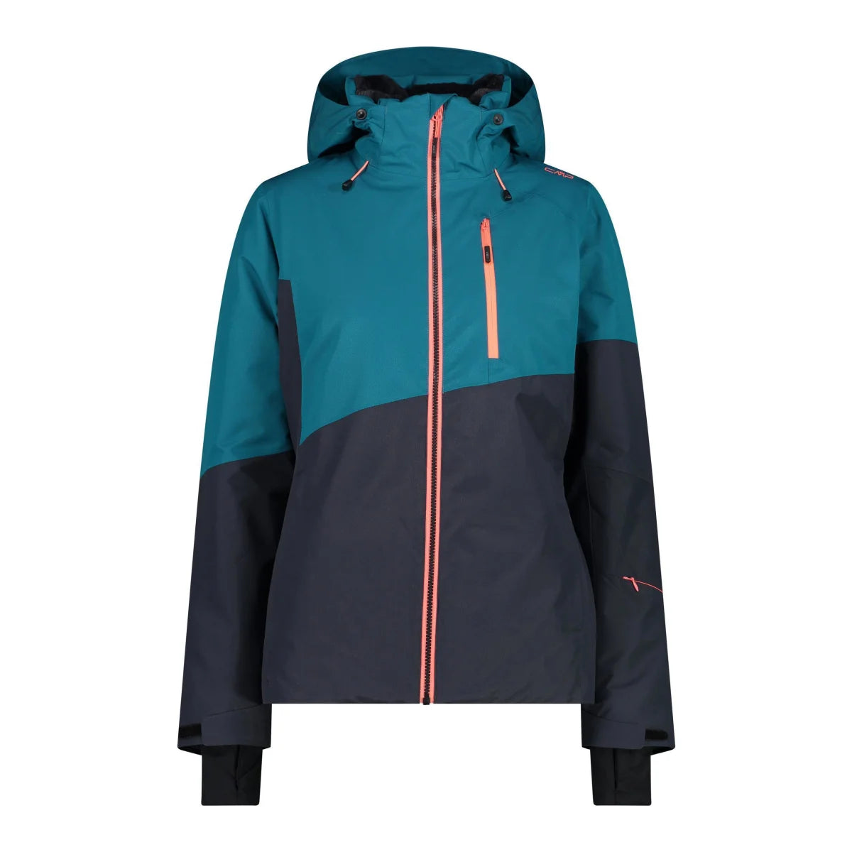 CMP Damenjacke Fix Hood – Vorderansicht mit Kapuze, Reißverschluss und Skipasstasche in teal