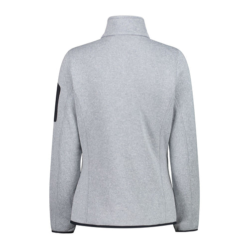 Seitenansicht der melierten KnitTech Damenjacke mit Reißverschlusstaschen