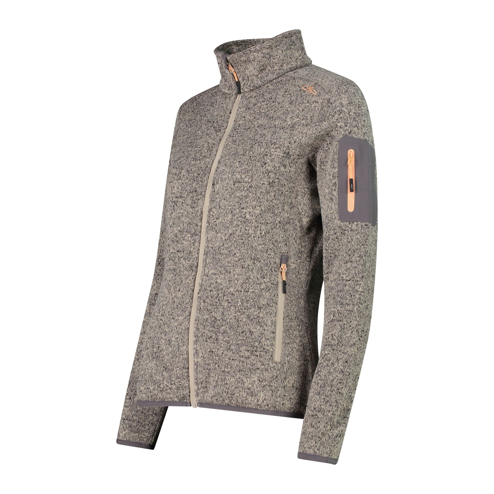 Profilansicht der KnitTech® Fleecejacke mit Reißverschlusstasche am Ärmel