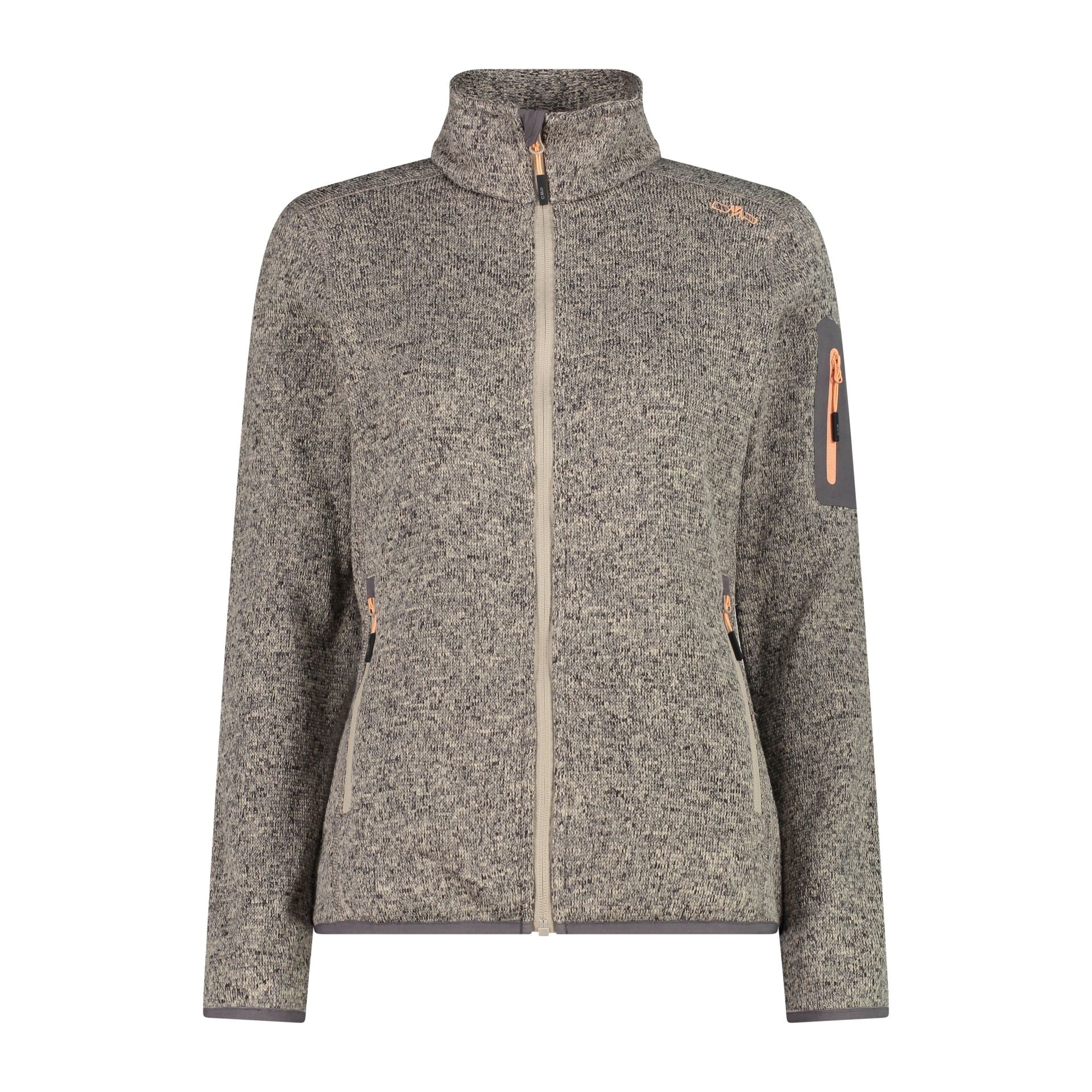 Damen Fleecejacke in meliertem Beige mit Frontreißverschluss und zwei Seitentaschen