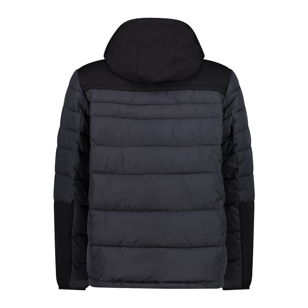 Rückenansicht der wetterfesten Herrenjacke mit elastischen Bündchen und fest integrierter Kapuze