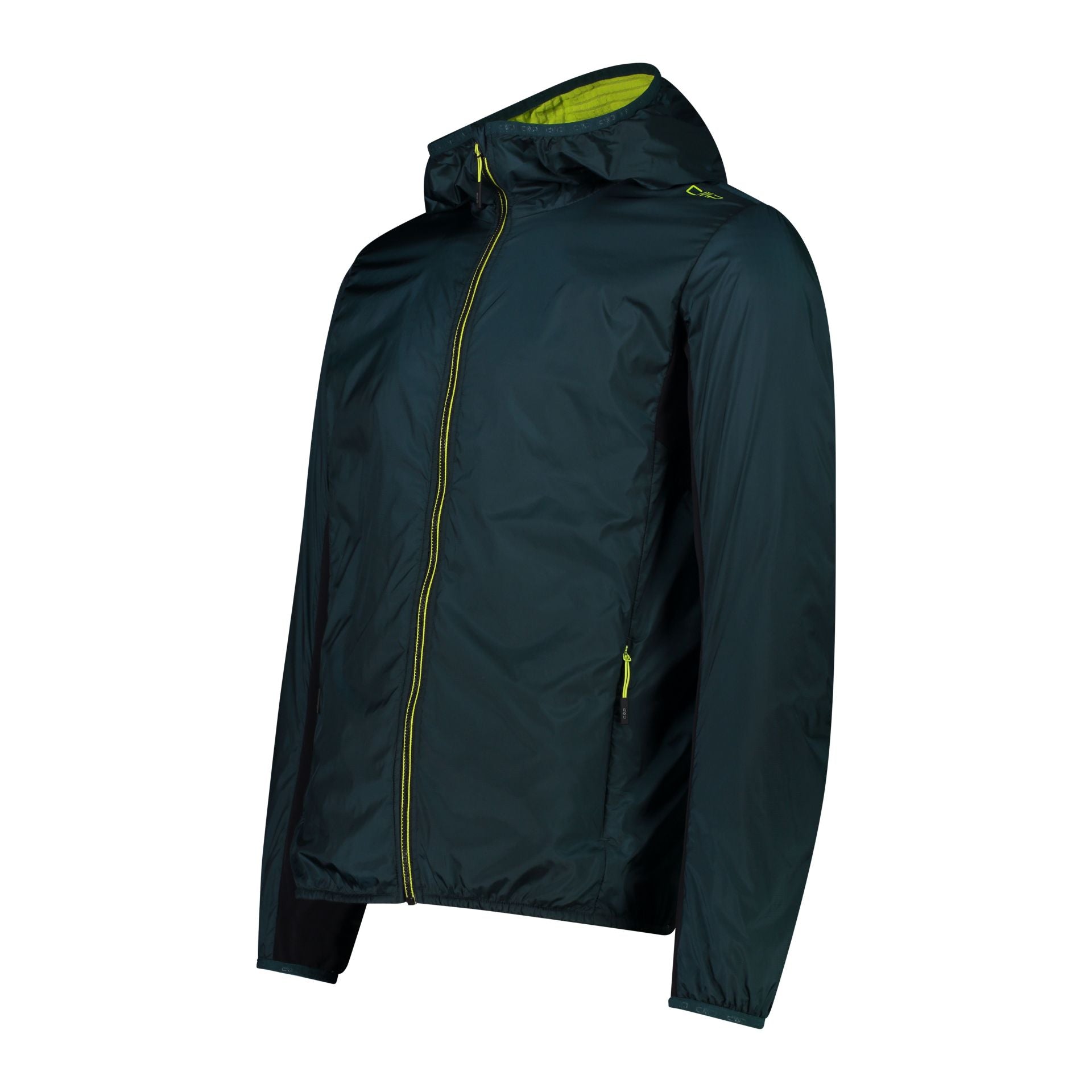 Seitenansicht wasserabweisende Hybridjacke mit Kapuze