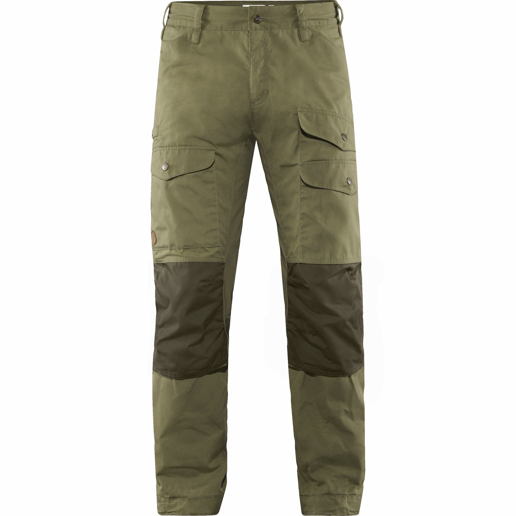 Vorderansicht der Fjällräven Vidda Pro Ventilated Hose in laurel green mit Beintaschen und Knieschutz