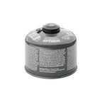 Schraubkartusche für Gaskocher mit Schutzkappe, kompakte Form und olivgrünes Design, stehend auf weißem Hintergrund