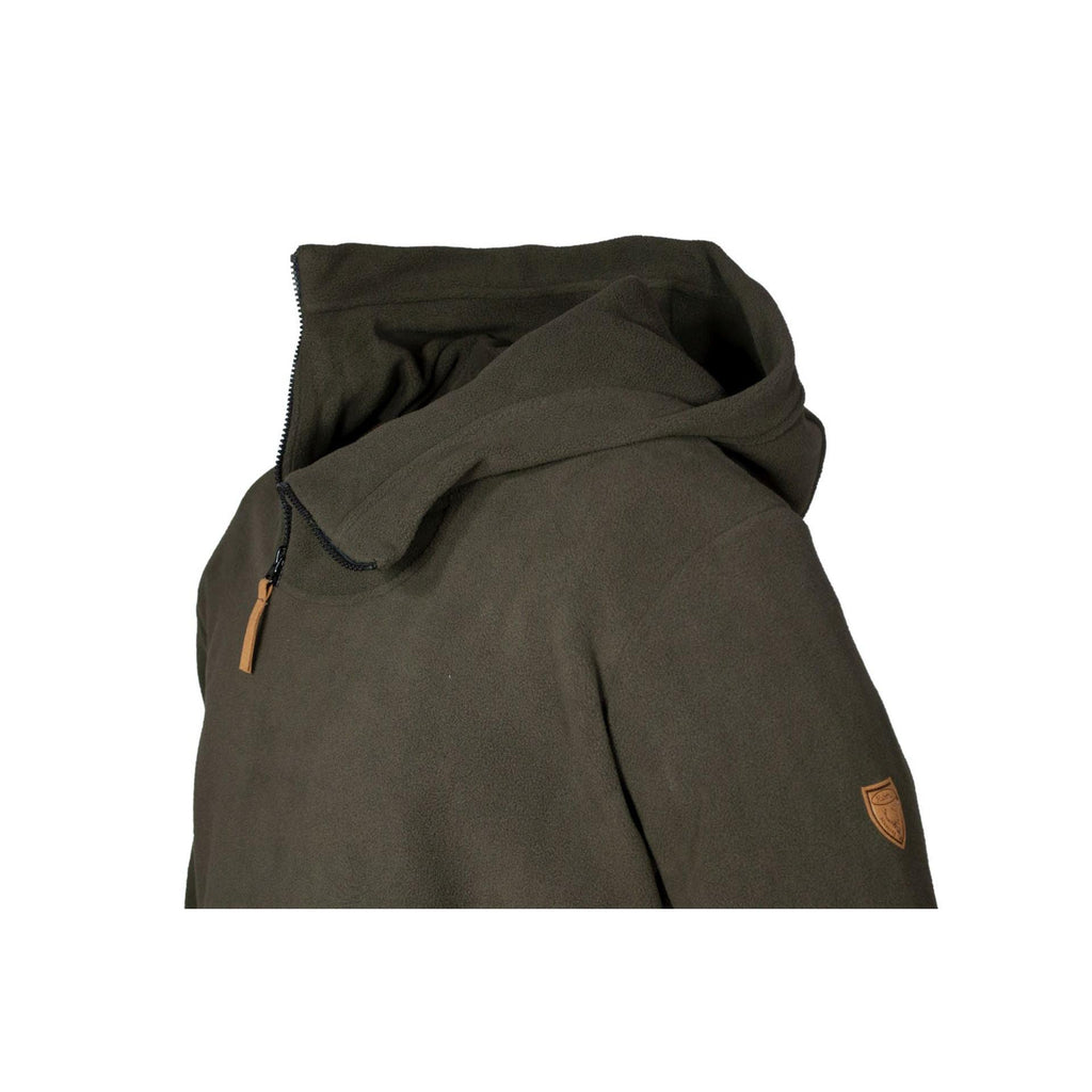 Fleece Hoodie oliv – Seitenprofil mit Kapuze & elastischem Ärmel