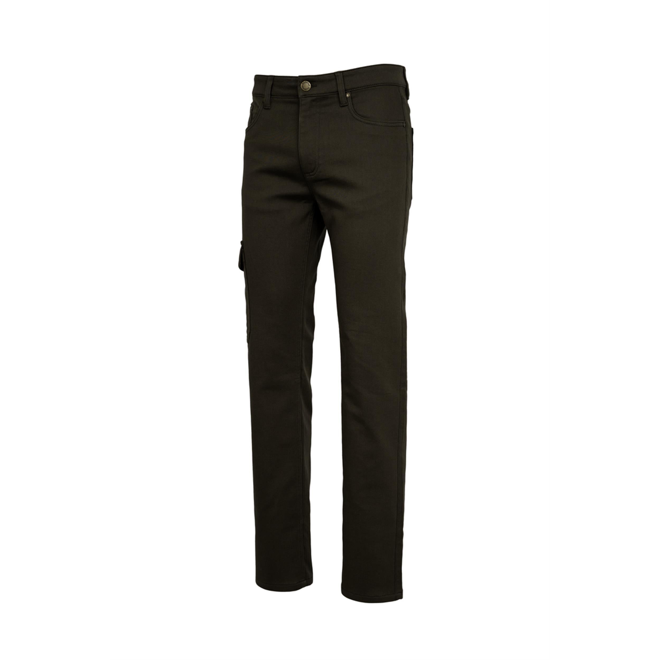 Jagdjeans HENRY von HUBERTUS – Schrägansicht in dunkel-oliv mit Five-Pocket-Stil