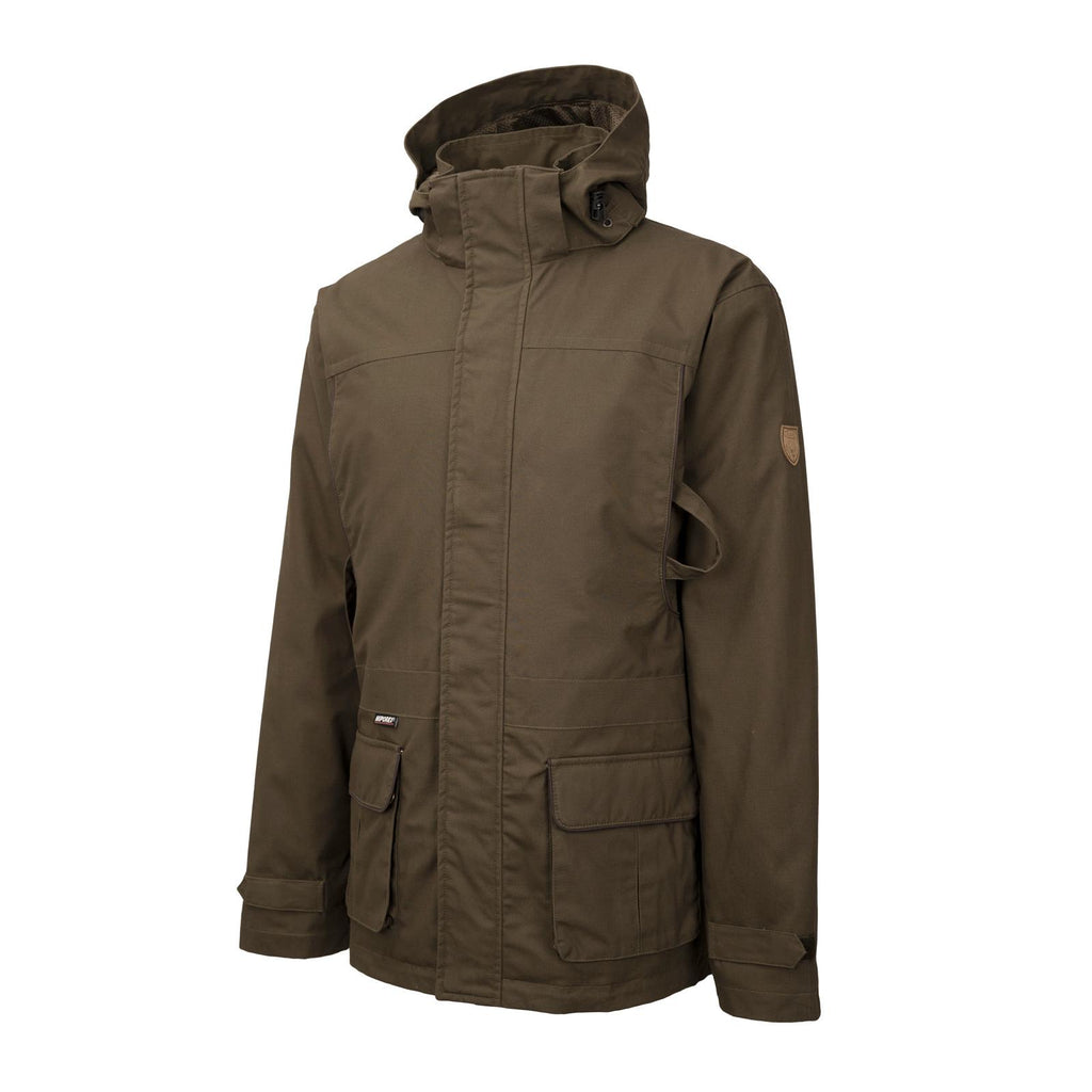 HUBERTUS Jagdjacke ZILLERTAL – Schrägansicht mit Taschen, Reißverschluss und Kapuze in oliv/braun