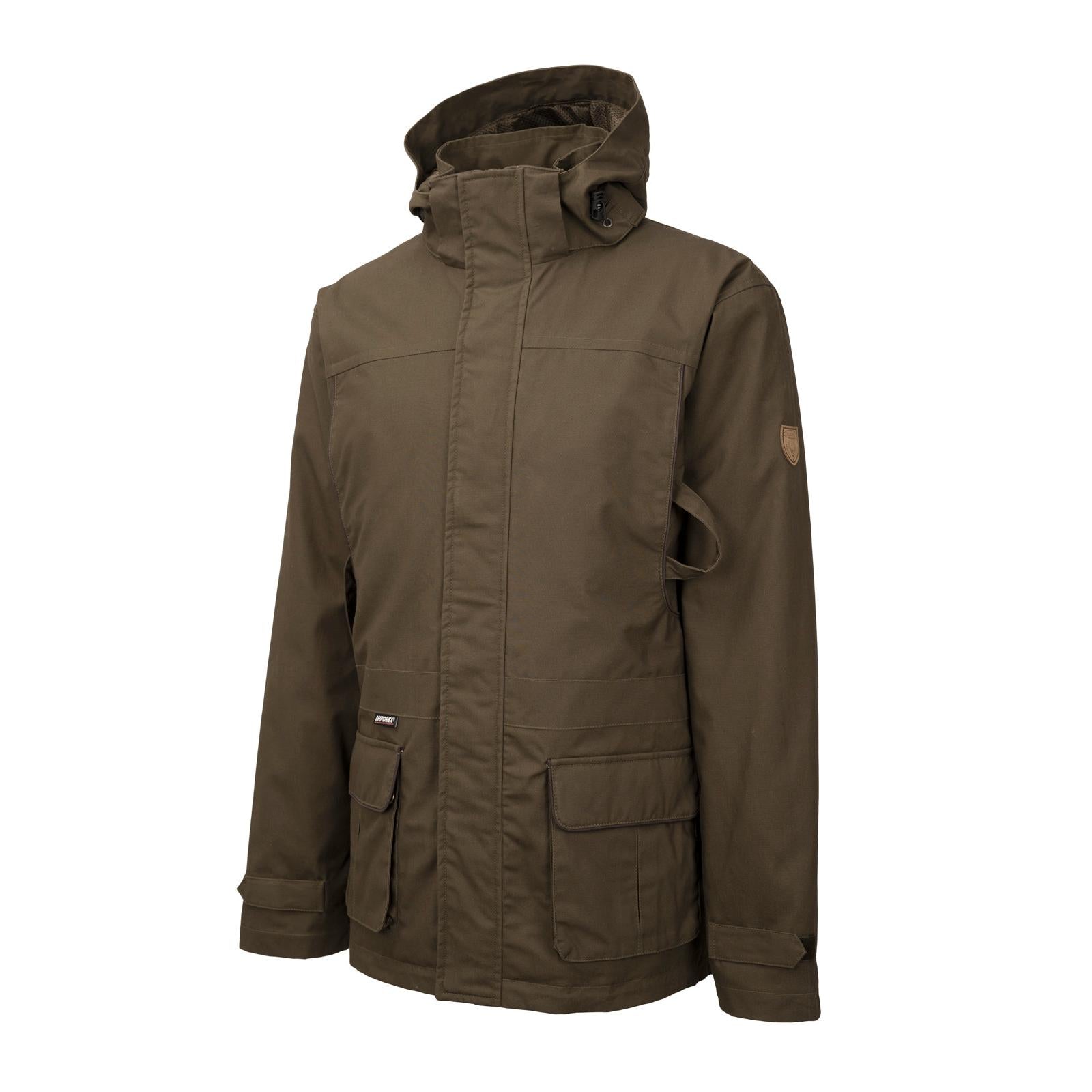 HUBERTUS Jagdjacke ZILLERTAL – Schrägansicht mit Taschen, Reißverschluss und Kapuze in oliv/braun