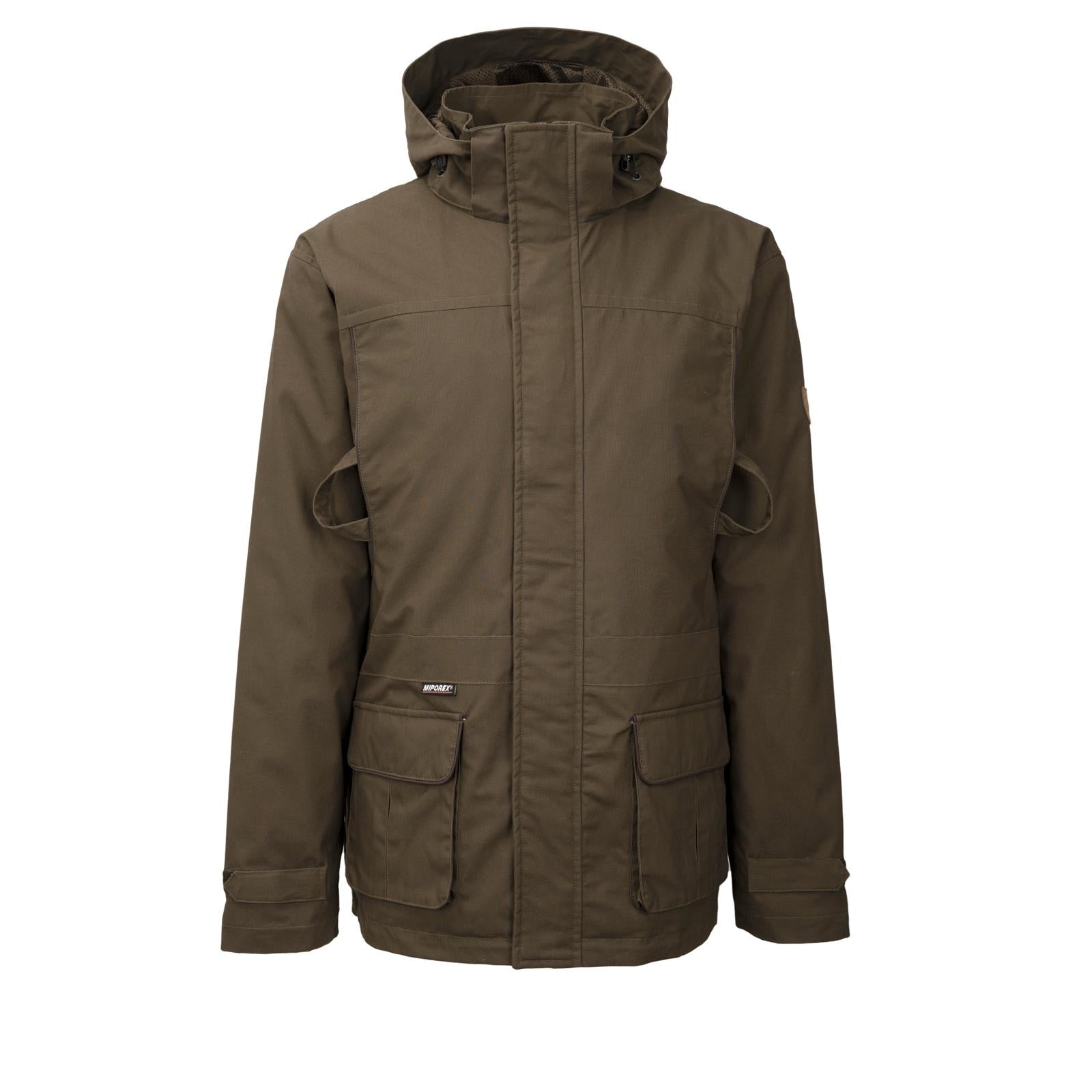 HUBERTUS Jagdjacke ZILLERTAL – Vorderansicht mit Taschen, Reißverschluss und Kapuze in oliv/braun