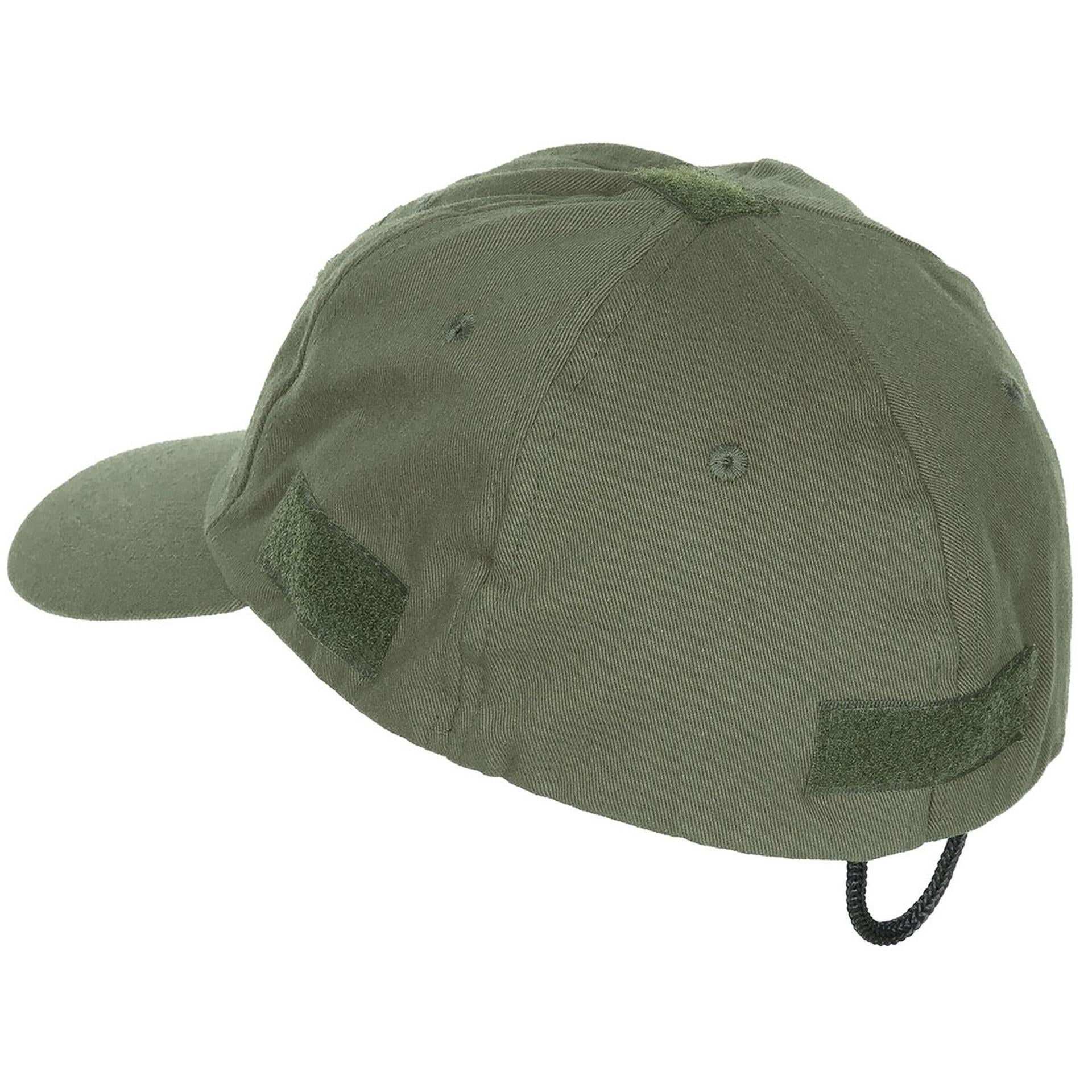 Seitenansicht des olivfarbenen Caps mit sichtbaren Klettzonen und Belüftungsösen