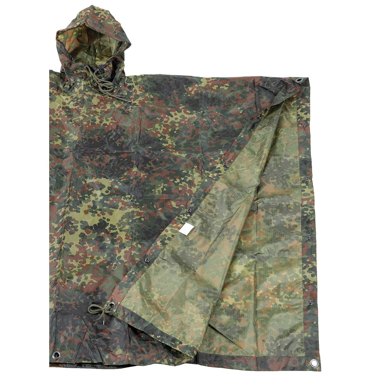 Zusammengelegter Poncho mit sichtbarer Beschichtung und Ösen
