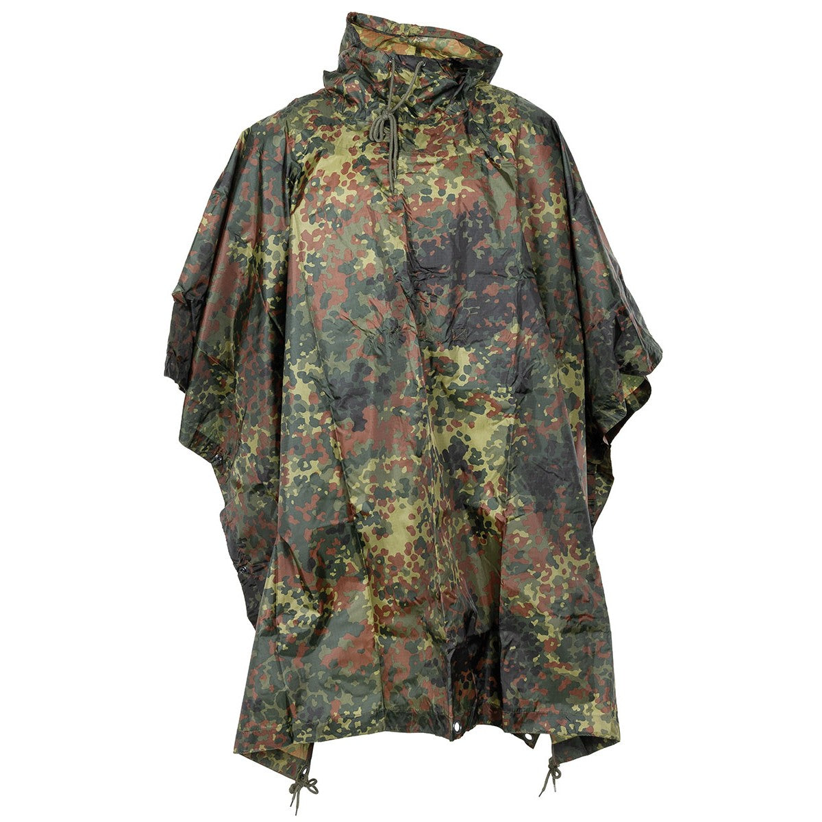 FOX Outdoor Poncho Rip Stop in Flecktarn mit Kapuze, frontal ausgebreitet
