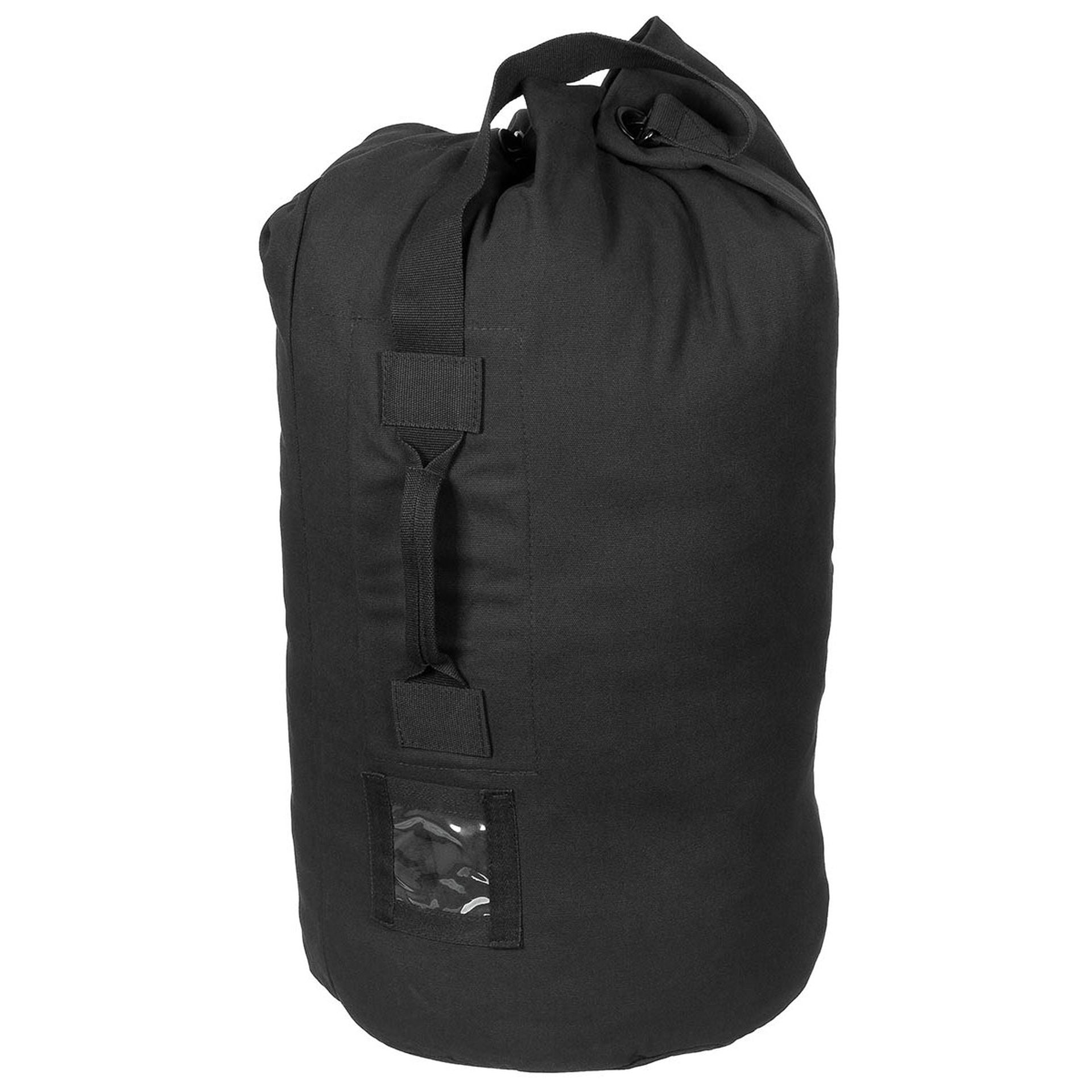 FOX Outdoor Seesack mit Trageriemen in Schwarz, aufrecht stehend