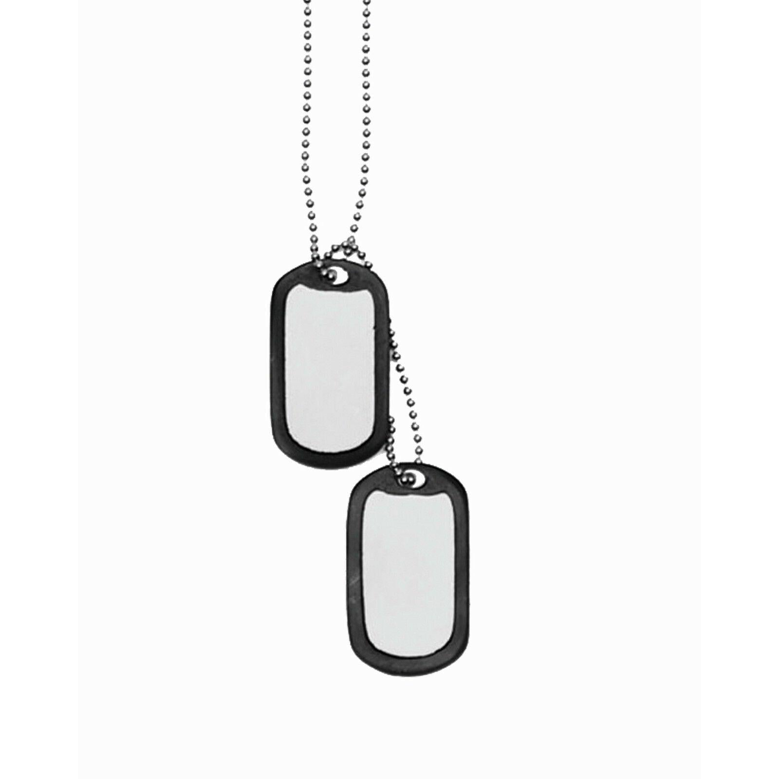 MIL-TEC Dog Tags – zwei leere Edelstahl-Erkennungsmarken mit schwarzem Gummirand (Silencer) und Kugelkette im Army-Stil