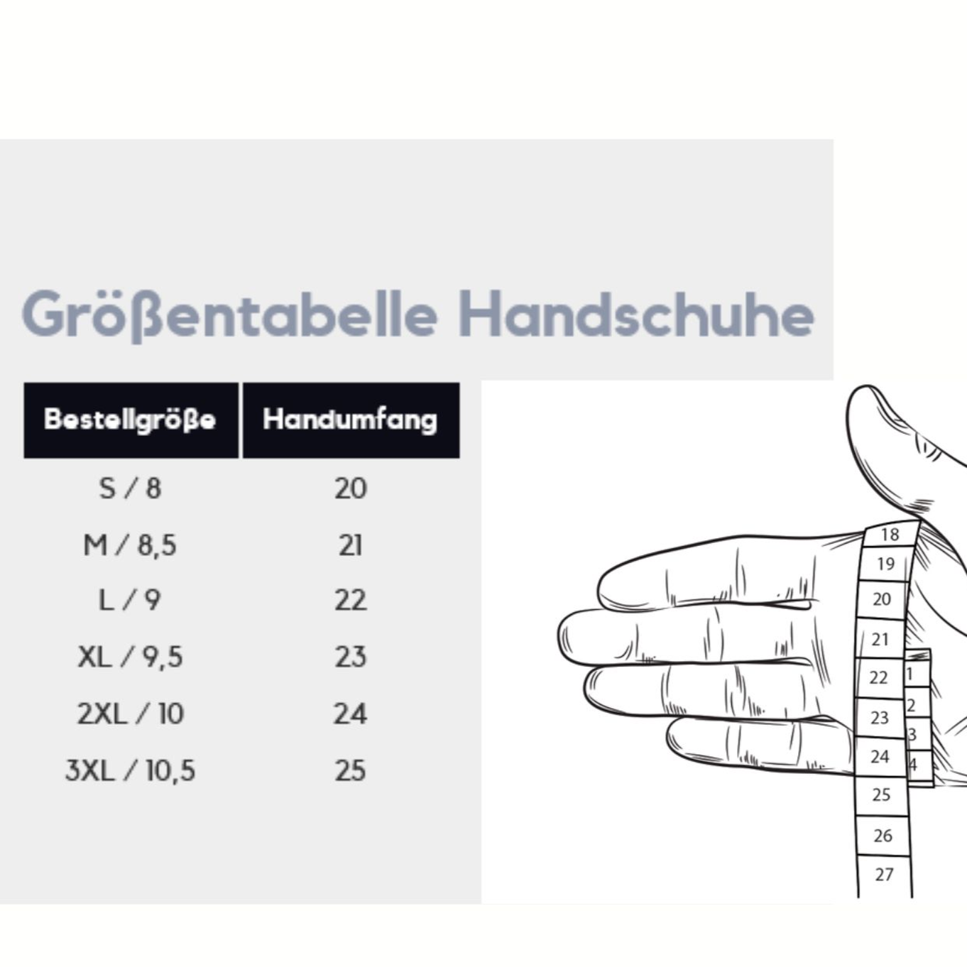 Größentabelle der MIL-TEC Army Gloves in Dark Coyote zur Größenbestimmung