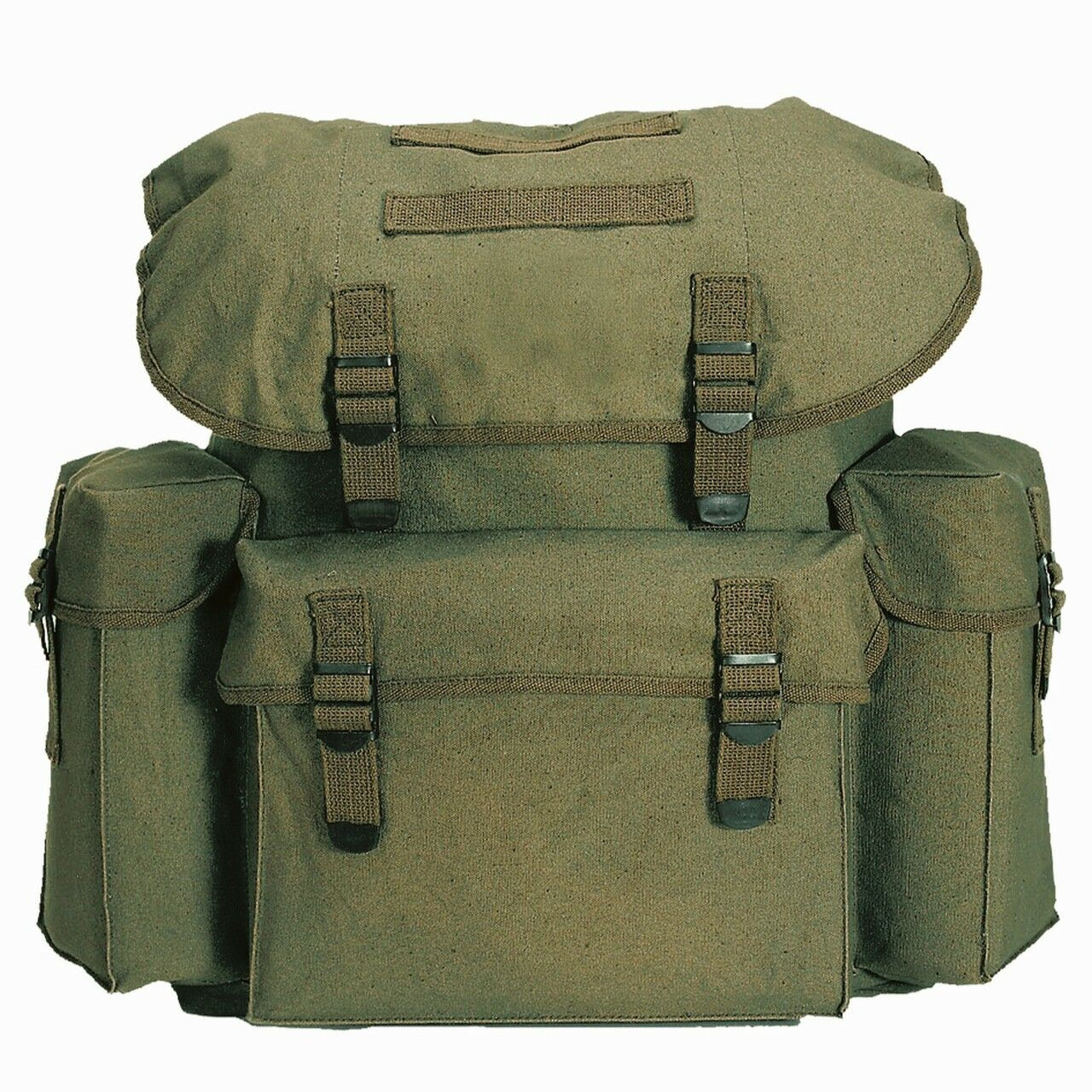Vorderansicht des MIL-TEC BW-Rucksacks in oliv mit Außentaschen