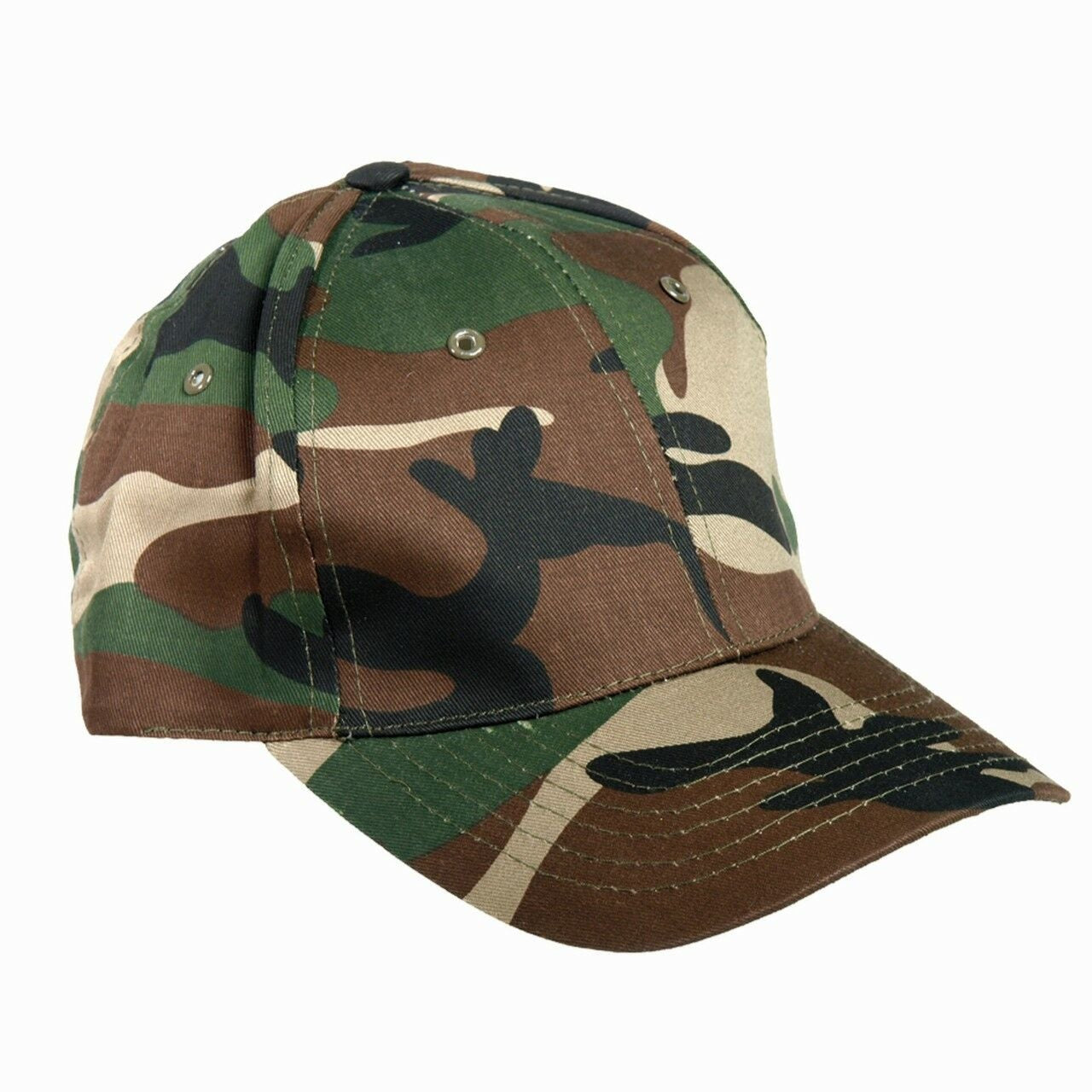 Mil-Tec Baseball Cap in woodland Tarnmuster mit gebogenem Schirm – seitliche Perspektive