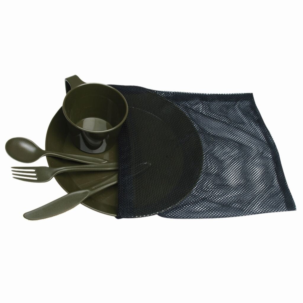 MIL-TEC Camping-Set mit Teller, Tasse und Besteck im Netzsäckchen – Ansicht von vorn