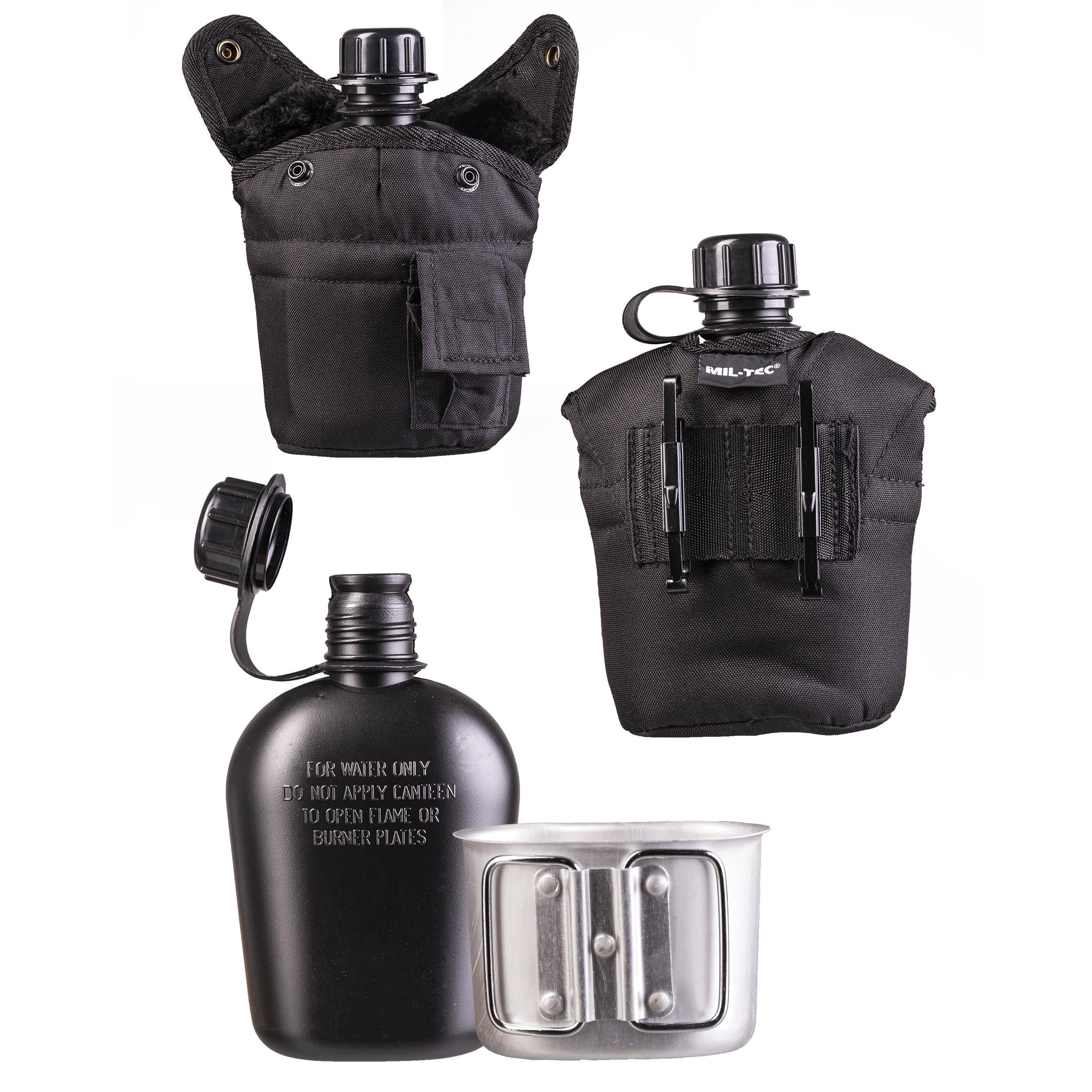 MIL-TEC Feldflasche 900ml Trinkflasche mit Becher / Hülle schwarz  Army Flasche