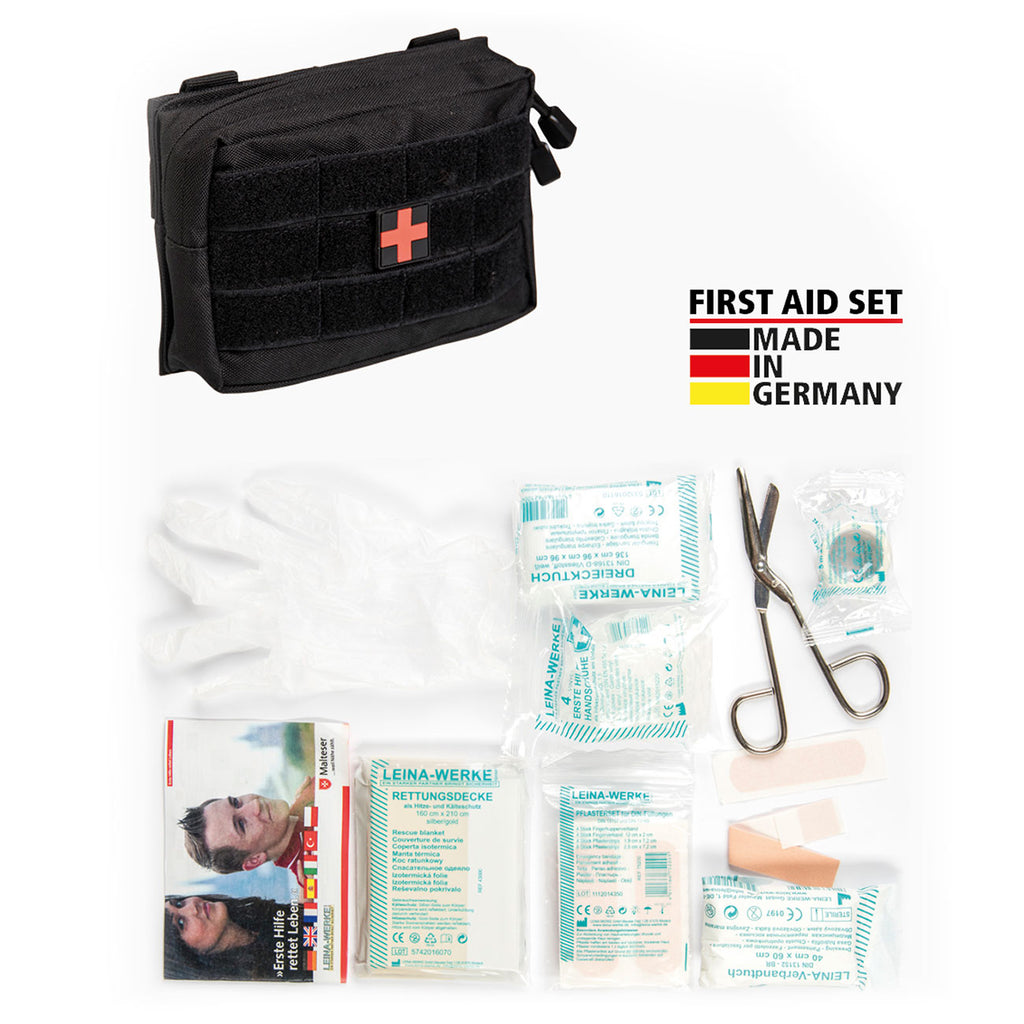 Vorderansicht des MIL-TEC First Aid Sets in schwarzer Gürteltasche