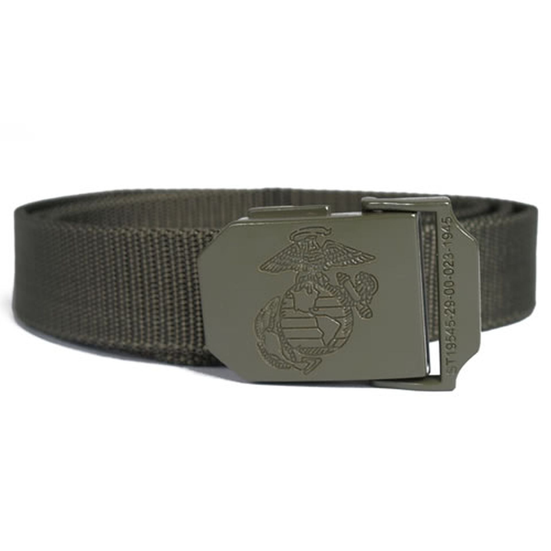 Vorderansicht des olivfarbenen USMC Hosengürtels von MIL-TEC mit Zamak-Schnalle