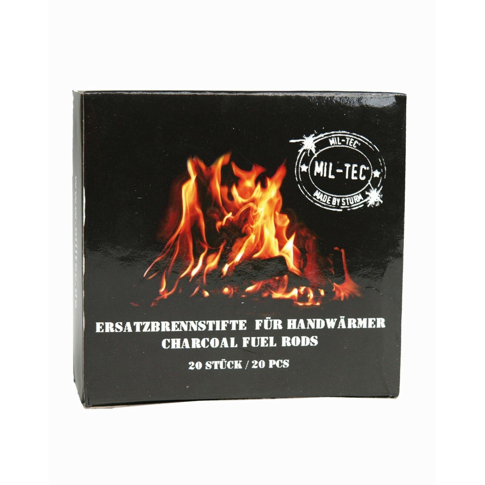 Schwarze Verpackung mit Feuer-Motiv und MIL-TEC Logo, Aufschrift „Ersatzbrennstifte für Handwärmer – 20 Stück“ in Weiß, freigestellt auf weißem Hintergrund