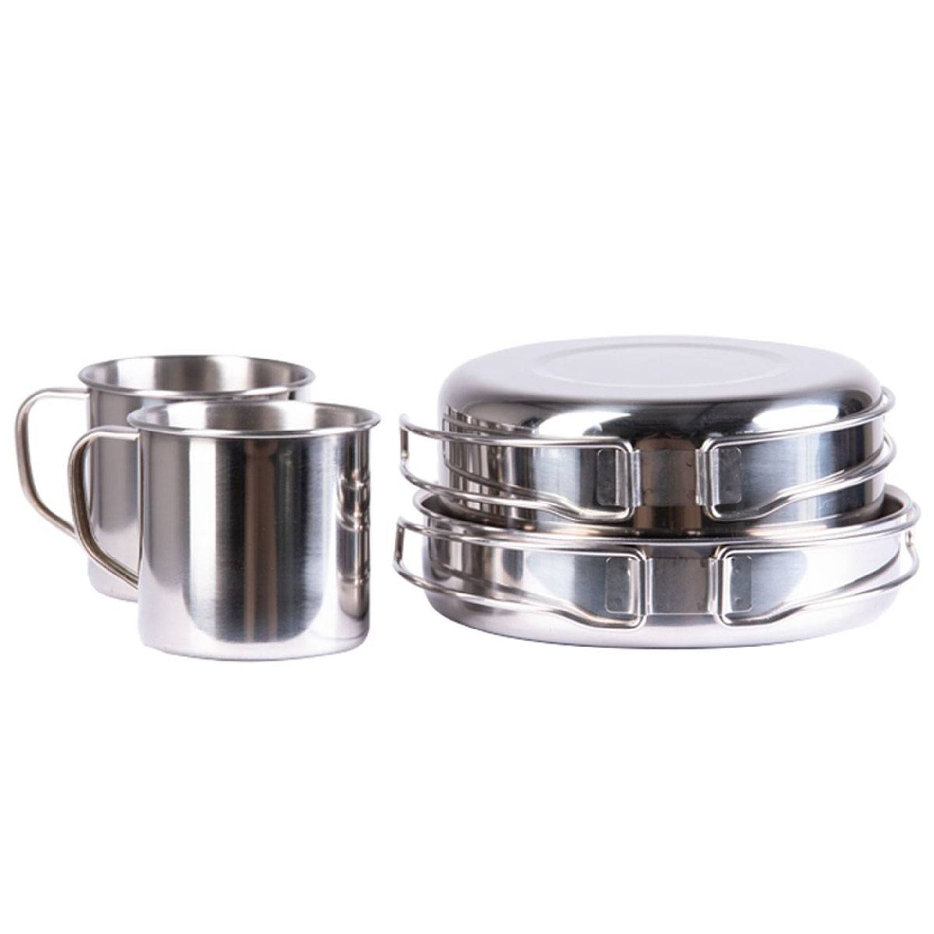 Rückansicht des Kochsets mit Pfanne und Bechern