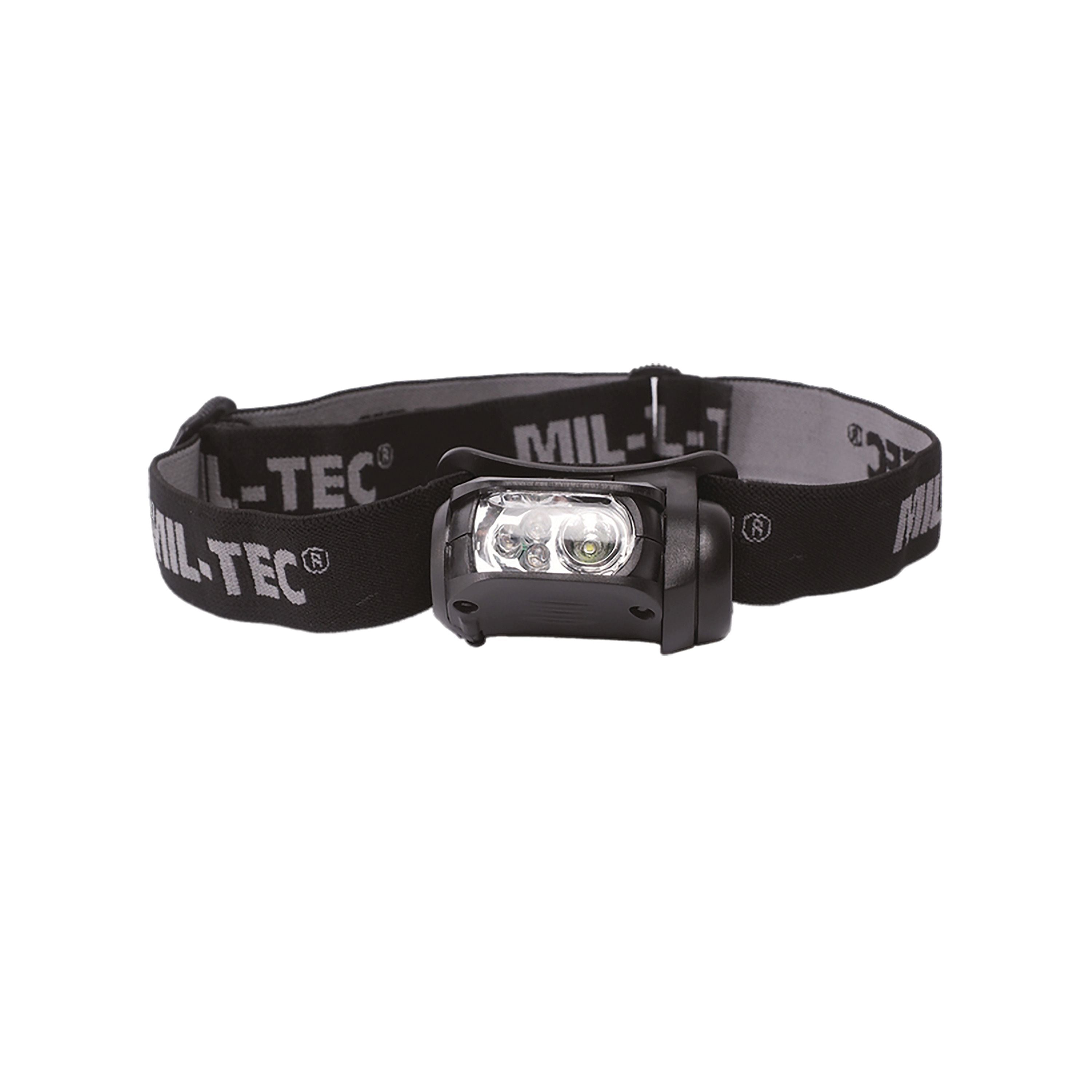Vorderansicht der MIL-TEC Stirnlampe in Schwarz mit vierfarbiger LED