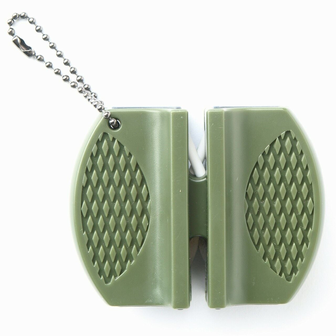 MIL-TEC Knife Sharpener in Oliv mit sichtbarer V-Anordnung der Schärfeinsätze