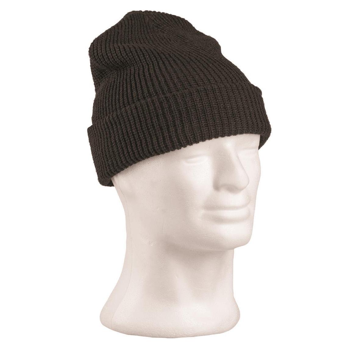Schwarze Rollstrickmütze von MIL-TEC auf Kopfmodell – grob gestrickt, hochgekrempelt, ideal für kalte Tage