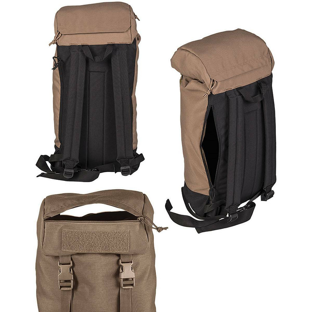Seitenansicht mit Schulter- und Hüftgurt des Daypacks. Rückansicht mit gepolstertem Tragesystem. Detailansicht der Klettfläche am Überschlag