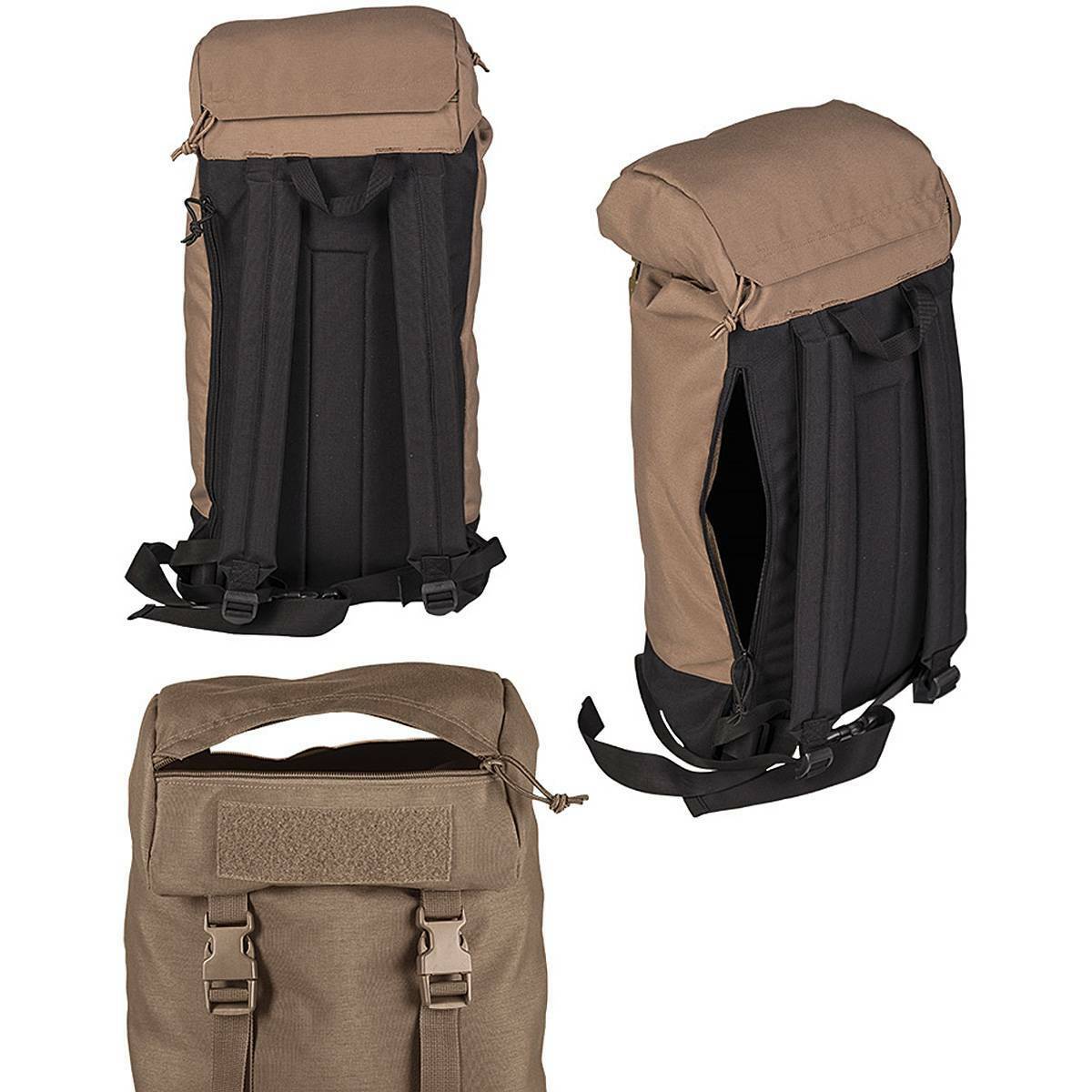 Seitenansicht mit Schulter- und Hüftgurt des Daypacks. Rückansicht mit gepolstertem Tragesystem. Detailansicht der Klettfläche am Überschlag