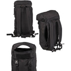 Seitenansicht mit sichtbarem Hüftgurt und Tragegurten. Rückansicht mit gepolstertem Rückenbereich