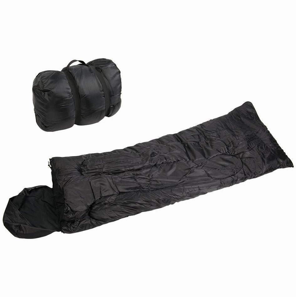 MIL-TEC Schlafsack PILOT in Schwarz ausgerollt mit angenähtem Packsack als Kopfteil