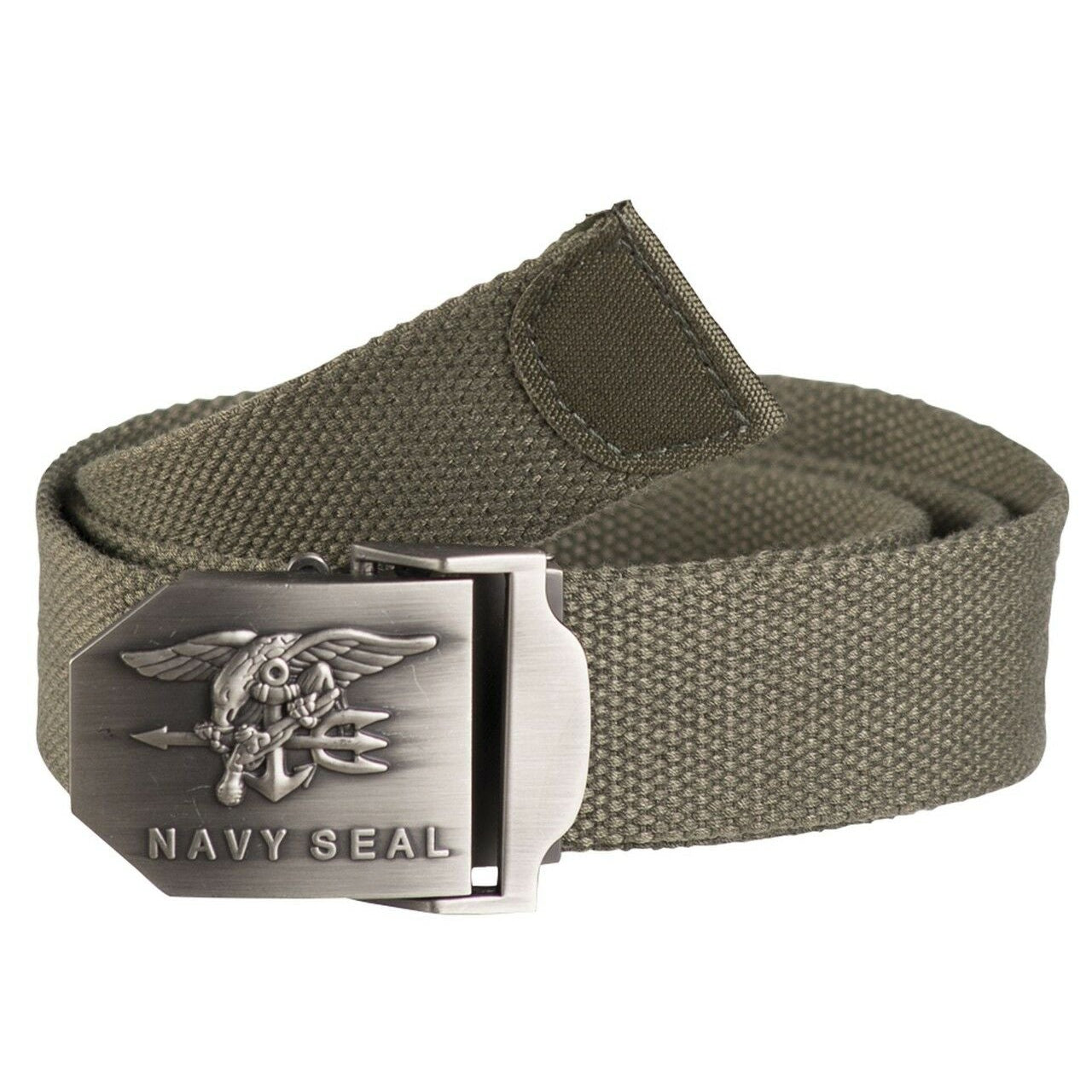 MIL-TEC US Navy Seal Gürtel in Oliv mit Metallschnalle, frontal mit Emblem