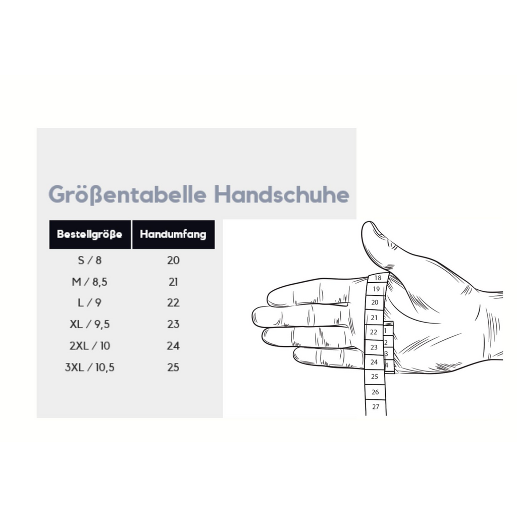 Größentabelle für Handschuhe mit Handumfang in cm und Größen von XS bis XXL – inklusive Messanleitung mit Grafik