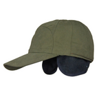 Robuste Jagdkappe in Olivgrün mit dunklen Fleece-Ohrenklappen und leicht geschwungenem Schirm