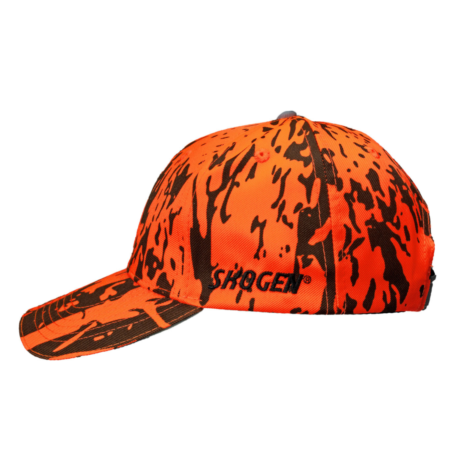 Signal-Basecap in orange-schwarzem Camouflage-Muster mit SKOGEN-Logo, fester Schirm und Reflex-Paspel für mehr Sichtbarkeit bei der Jagd