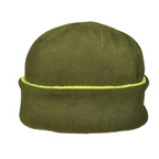 Wendefleece-Mütze in Oliv mit neongelber Innenlage, warm und weich gefüttert