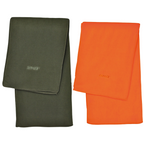 Skogen Fleece Schal – Vorderansicht in Oliv und Orange mit Stickerei und weichem Fleece